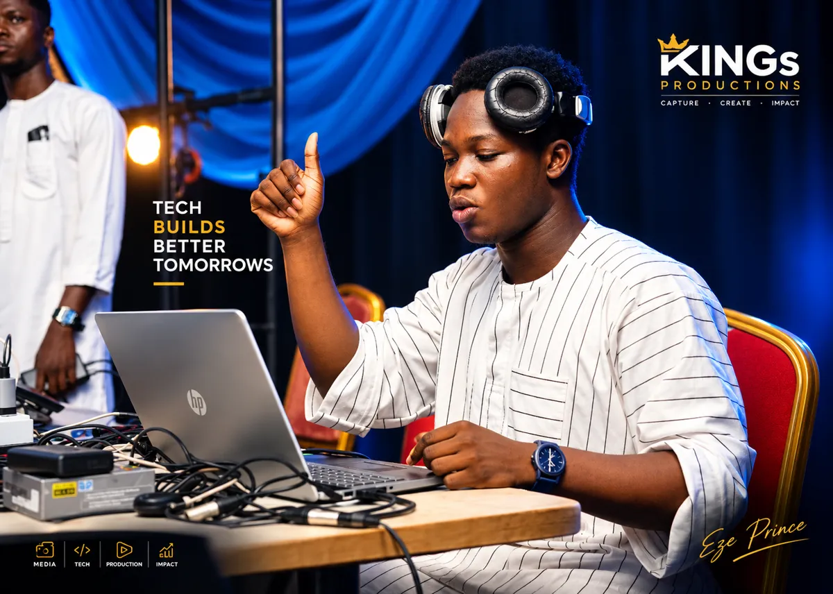Eze Prince working at a laptop with headphones during a live media production, KINGs PRODUCTIONs branding